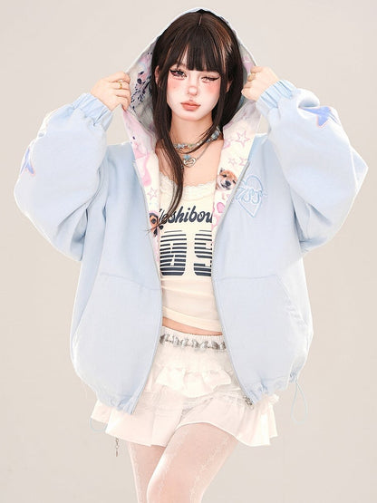 Blue Cute Puppies Pattern Reversible Zip Hoodie