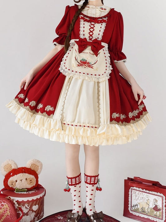 with Lolita Hem and Sweet Beige Embroidered Red Dress Ruffle Strawberry Short-sleeved Apron