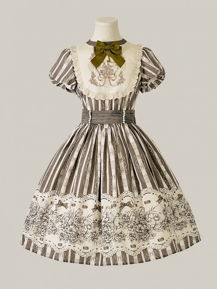 Version Lolita Embroidery Bodice Floral Pattern One and Brown Bowknot Short Striped Piece Classic