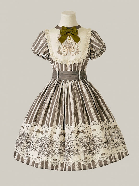 Version Lolita Broderie Corsage Motif Floral Une et Nœud Papillon Marron Pièce Rayée Courte Classique