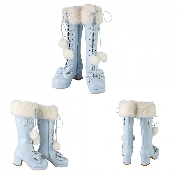 with PU in Cuff Plush Knee-Highs Blue Mid-heel