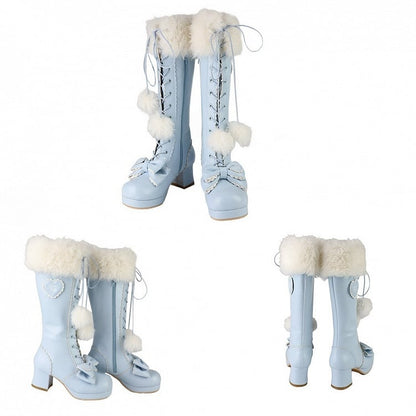 with PU in Cuff Plush Knee-Highs Blue Mid-heel