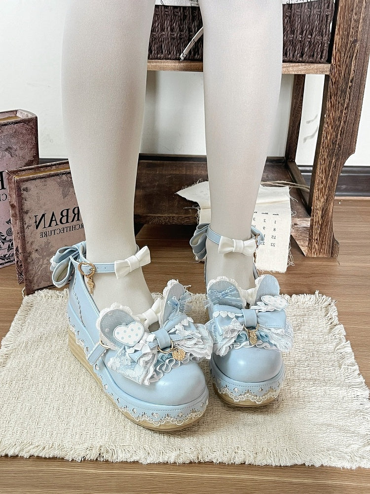 Blue White Rabbit Bowknot Heart Lace Lolita Shoes - Cheese Mango
