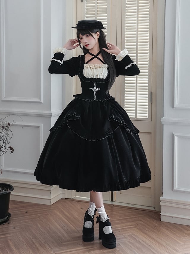 Velvet Hat Waist + Boned for Brooch Basque Bow Dress Choker Autumn/Winter Lolita Black Long Set Version