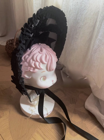 Bonnet Lolita Black with Bowknots Ruffled Grey