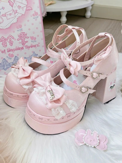 Pink with Lolita - Satin High Block Accents Sweet Bow Platforms Heel