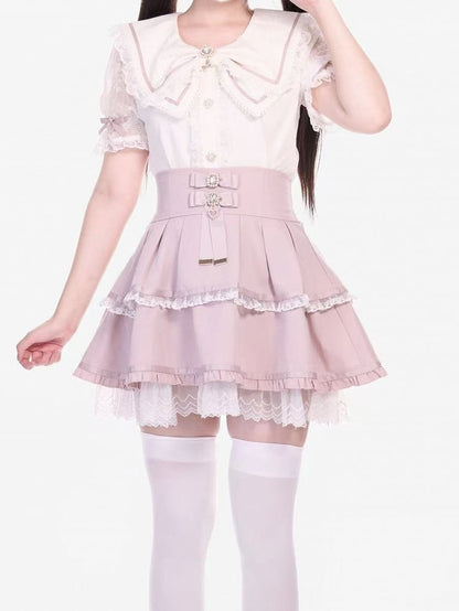 Blouse with Pink White Bowknots and Crown Brooch Jirai Kei Bowknot Collar
