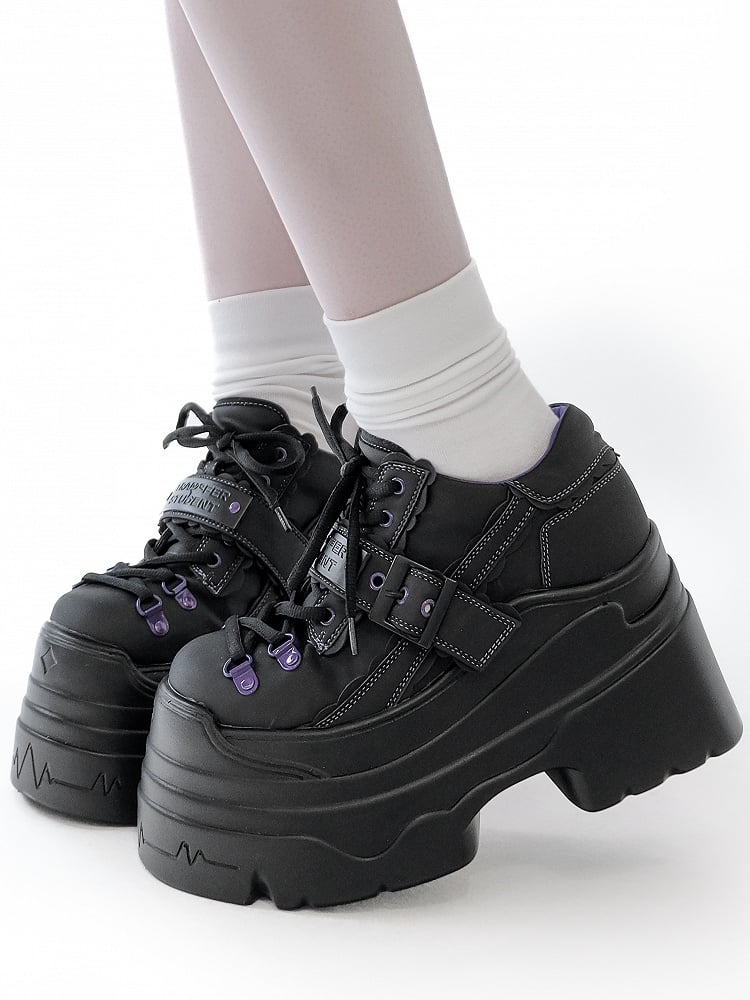 - Platform Strap Closure Black Design Shoes Lace-up Buckle Punk