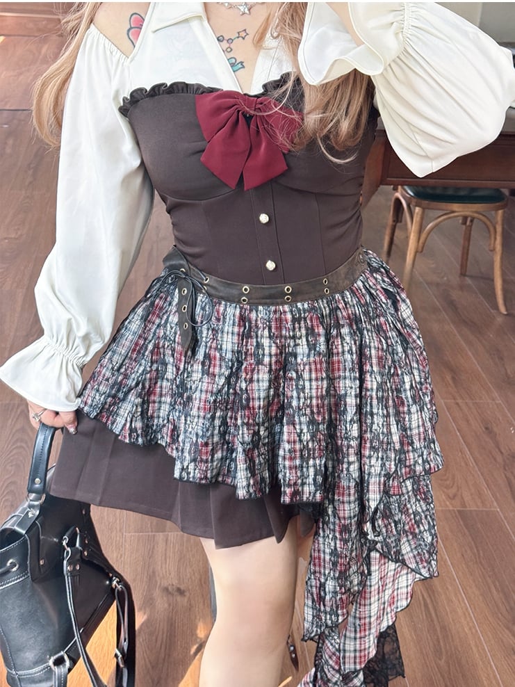 Bishop Dress Pleated Cutout Shoulder and Skirt / Sleeves Plus Size Black Brown with