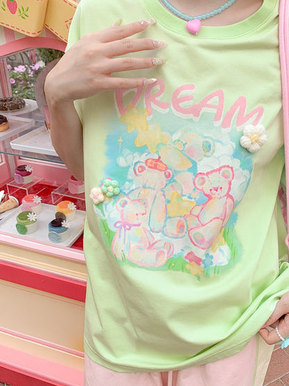 Accents Green Round Neck Teddy Bear Print Knit Loose T-shirt Floral