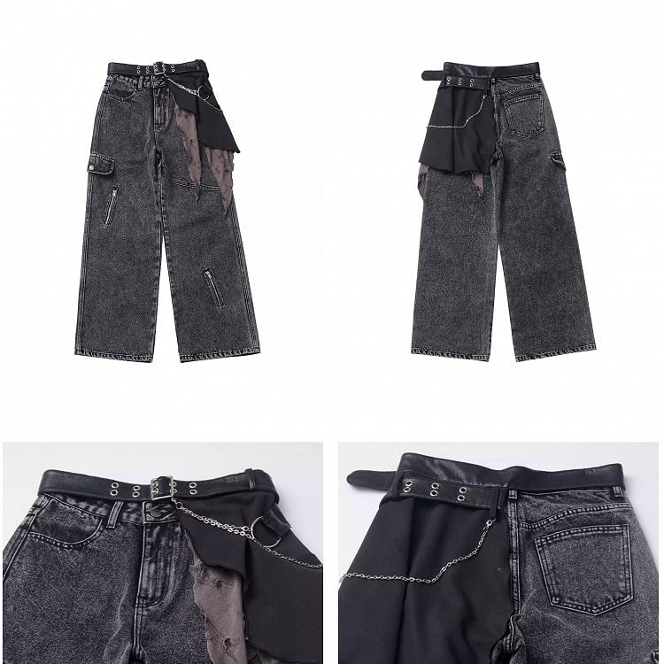 Graue Jeans mit asymmetrischem Reißverschluss, schwarzem Taillengürtel und Kette