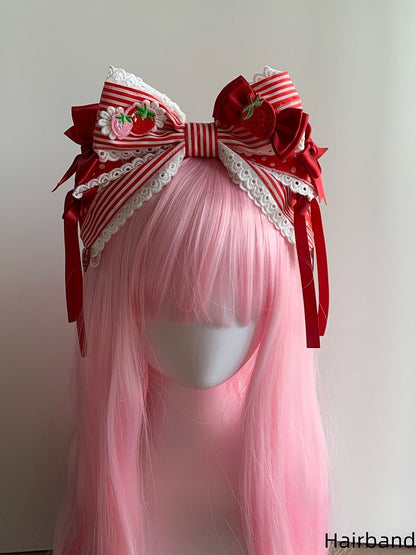 Theme Red Lolita KC Hairband Oversized Stand-Up Strawberry Striped Bowknot / Sweet