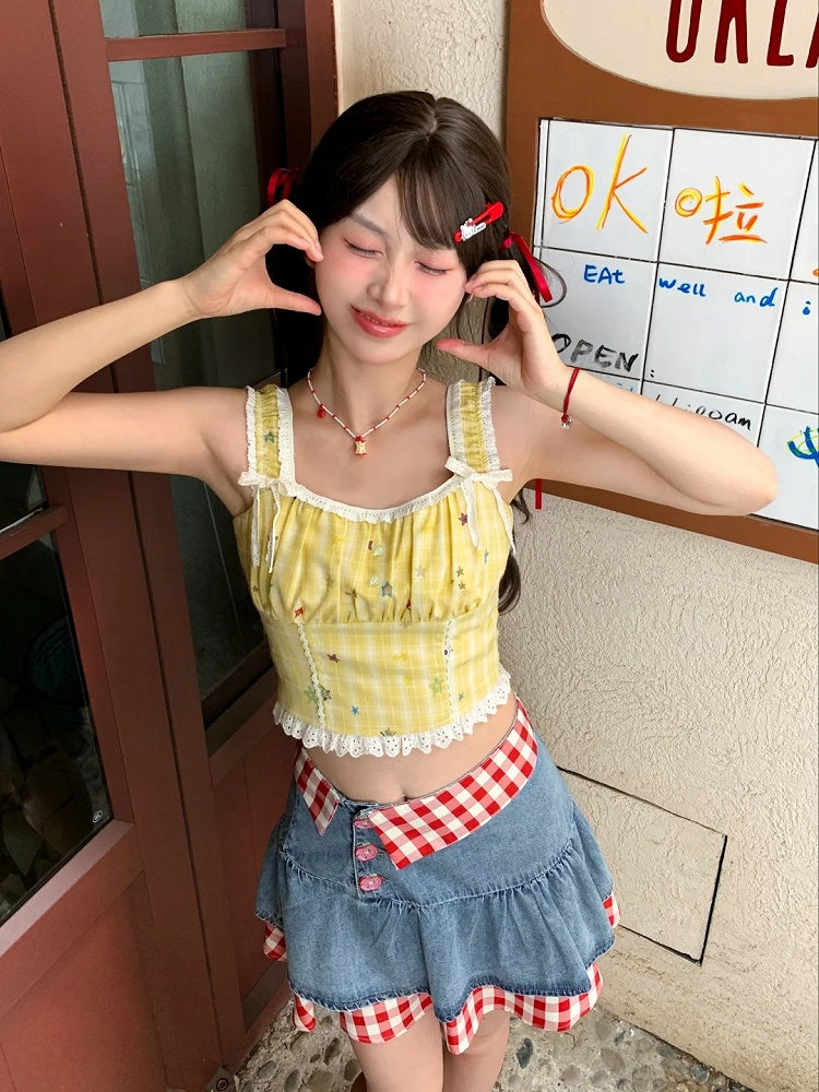 トリムレーススタープリントトップ イエローチェック柄 クロップド丈 ノースリーブ