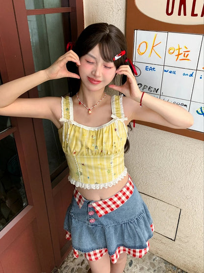 トリムレーススタープリントトップ イエローチェック柄 クロップド丈 ノースリーブ