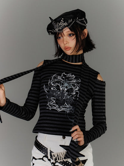 with Scarf Black  Gray Striped Cutout Shoulder Graphic Top Star Punk