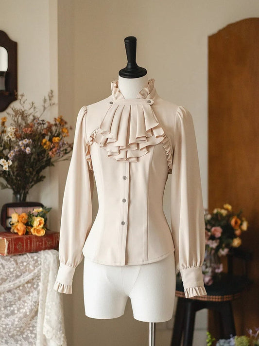 Apricot Ruffled Banded Collar Elegant Long Sleeeves Shirt with Detachable Bow/Jabot Tie