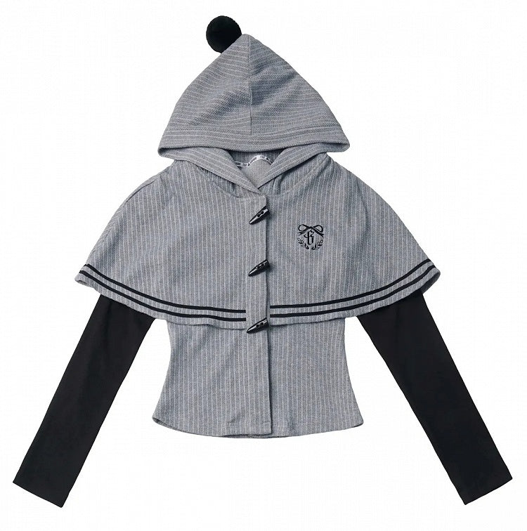 Vintage Kawaii Grey Hooded Cape Long Sleeve Top with Embroidery Accents - PINK SAVIOR