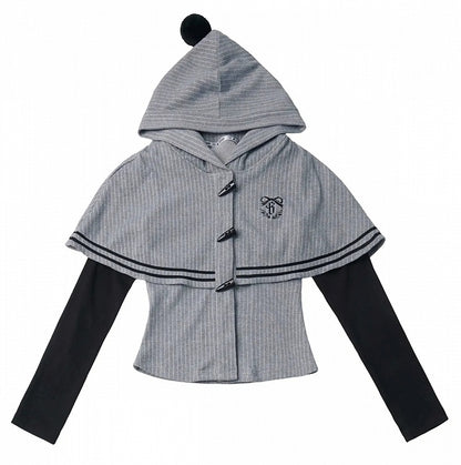 Vintage Kawaii Grey Hooded Cape Long Sleeve Top with Embroidery Accents - PINK SAVIOR