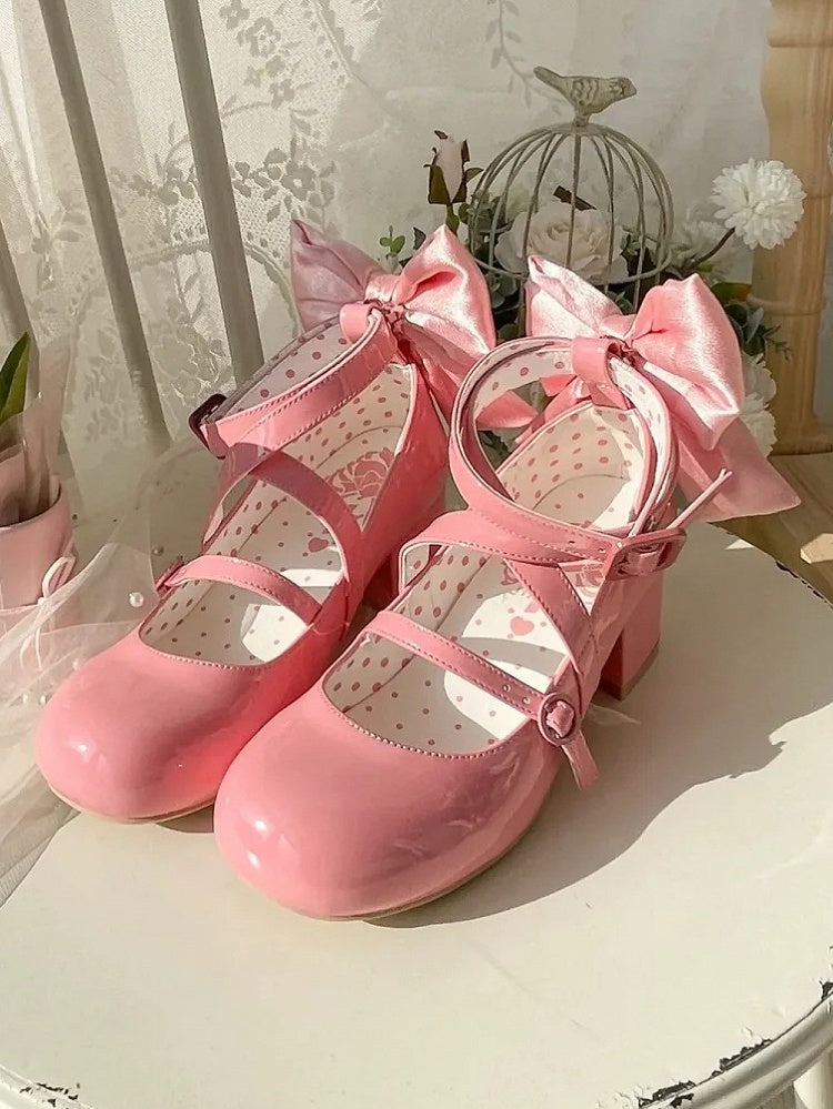 PU - Accent Sweet Bow Design Deep Crisscross Mid-heel Lolita Pink Shoes