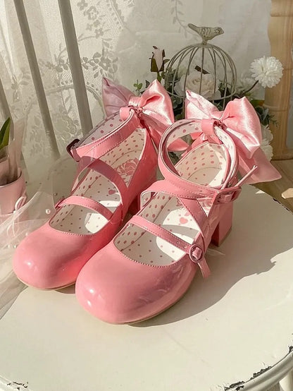 PU - Accent Sweet Bow Design Deep Crisscross Mid-heel Lolita Pink Shoes