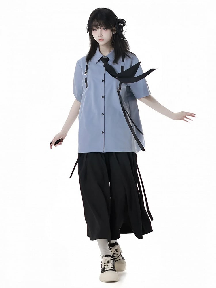 Stil Blau Preppy Krawatte Kurzarm Hemd mit Gratis