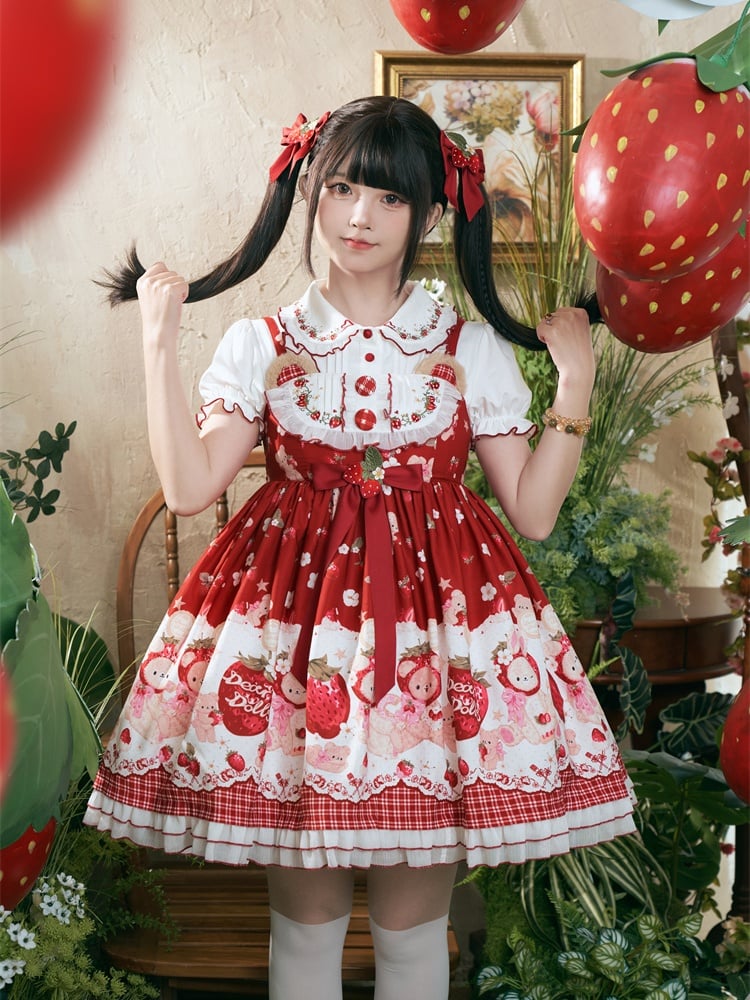 Süße Lolita-Bluse mit weißem Kontrast und rotem Besatz, Peter-Pan-Kragen und Puffärmeln