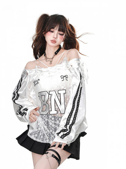 Schwarz/weißes, schulterfreies Oberteil mit kontrastierenden Spitzenpatches