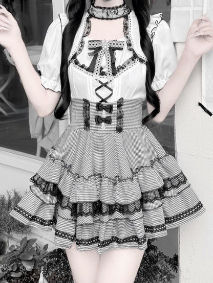 Monochrome Houndstooth Tiered Skirt with Lace Trim and Rhinestone Bows - GingaU