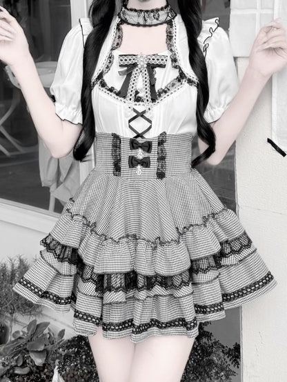 Monochrome Ruffle Sleeve Blouse with Lace, Bow and Choker Accents - GingaU