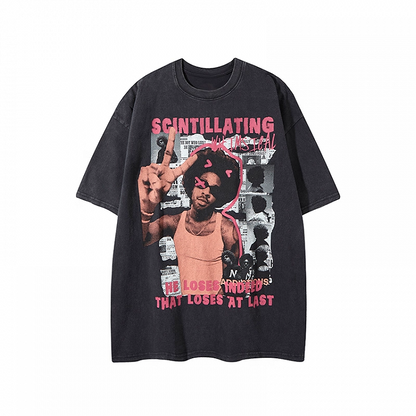 Schwarzes, lockeres T-Shirt mit Rundhalsausschnitt und Vintage-Print