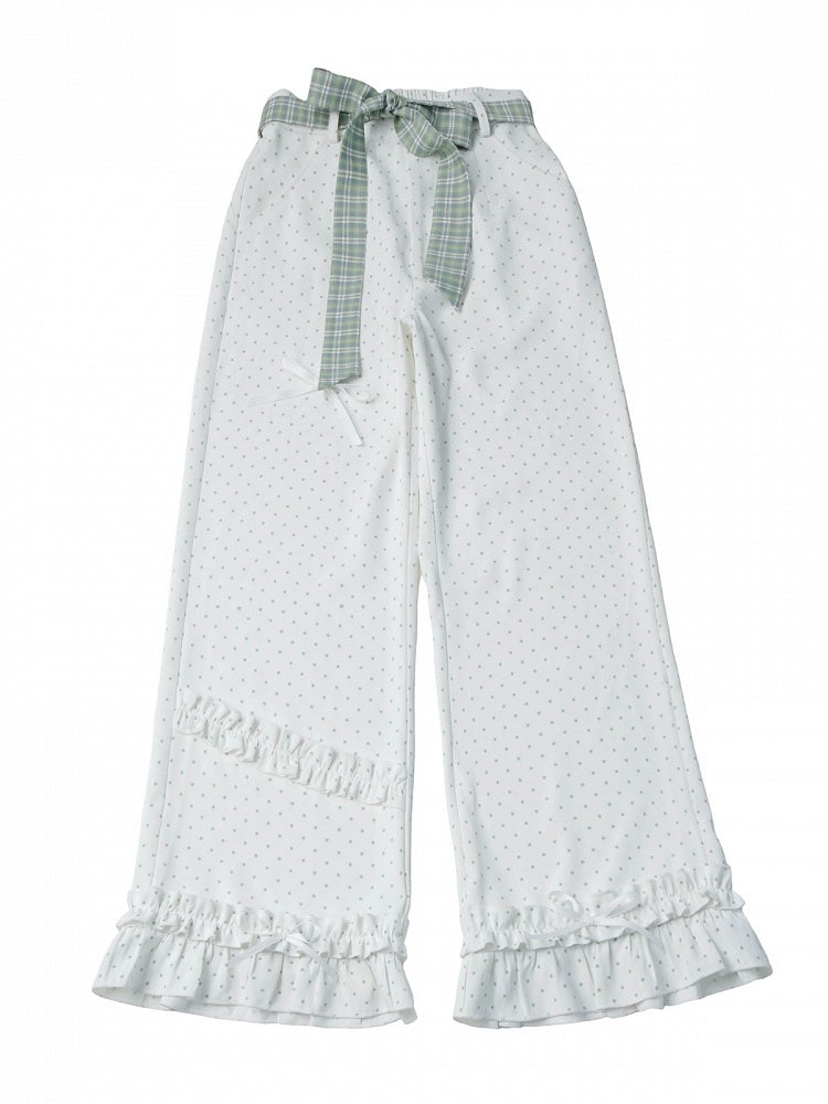 Ruffled Polka Dot Straight-Leg Pants with Plaid Belt - PINK SAVIOR