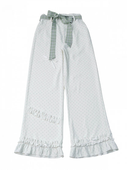 Ruffled Polka Dot Straight-Leg Pants with Plaid Belt - PINK SAVIOR