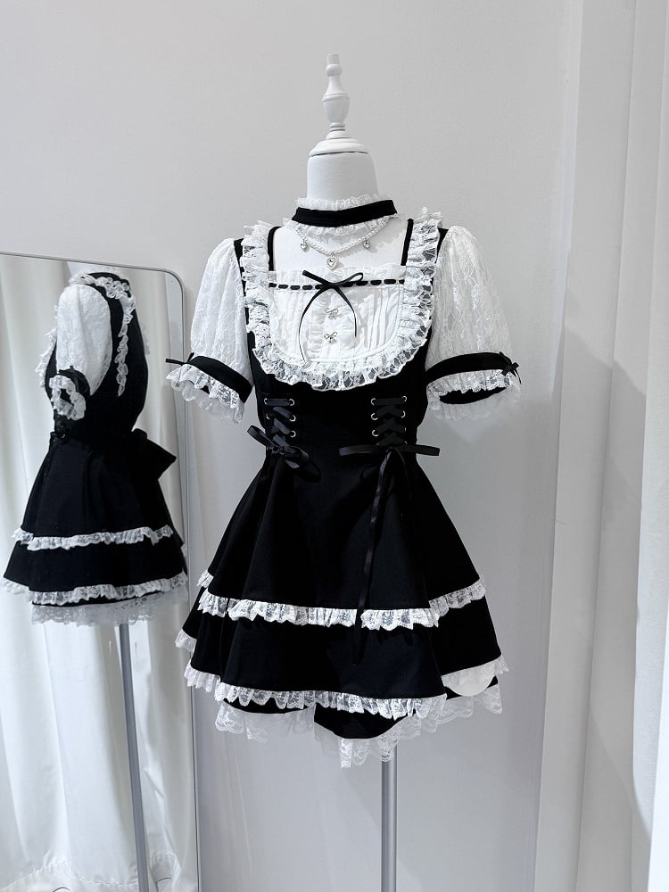 Black White Jirai Kei Lace Trim Dress Bead Choker Shorts - shirohato