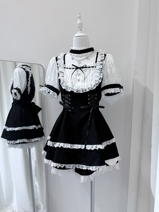White Chain Design - Short Two-Piece Set Choker Trim Shorts Fashion Jirai Kei Bead Sleeve Matching + With Lace Black Dress