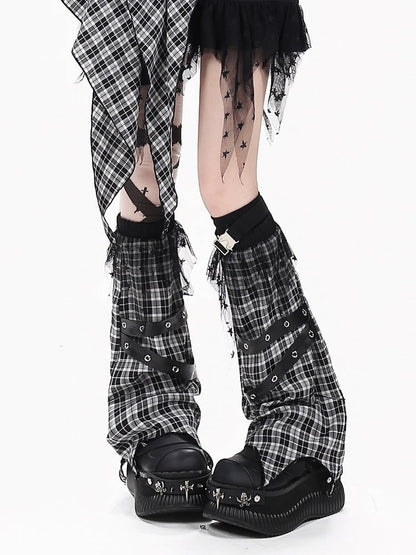 Blue White Red Plaid Leg Warmers with Leather Straps - CRAZY GIRL