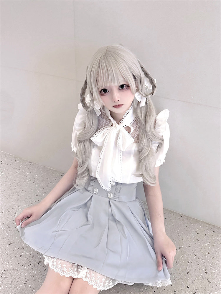 リボンタイ ホワイトレース コントラスト Kei Jirai ハートボタン パッチ付きブラウス