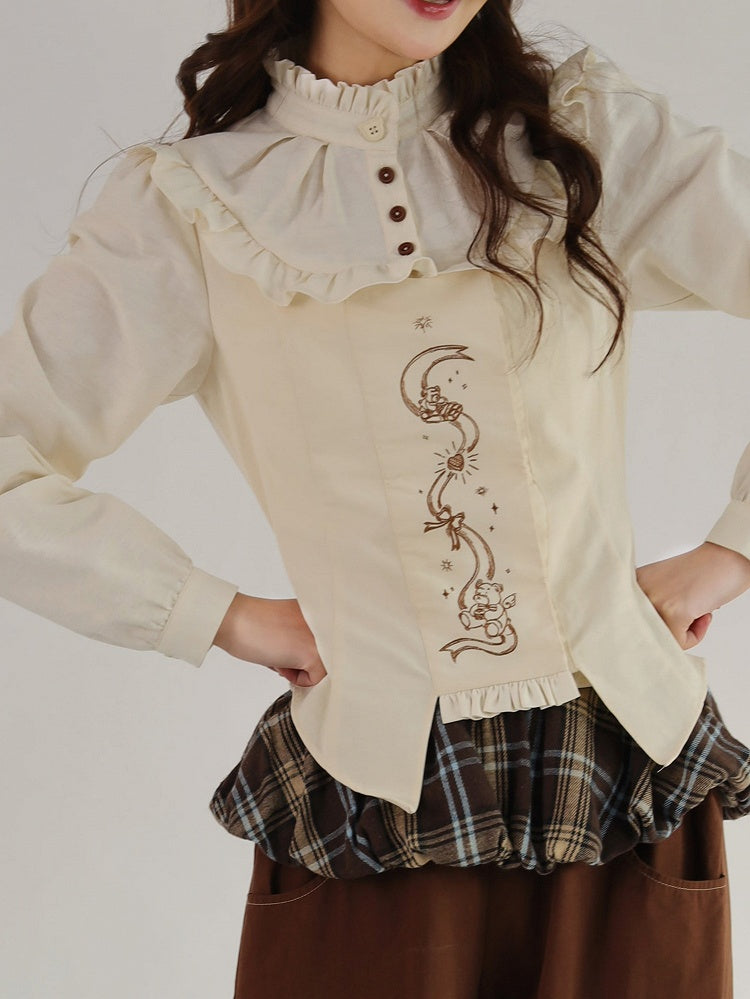 Beige with Lolita Ruffle Sweet Embroidery Bear Blouse Neckline