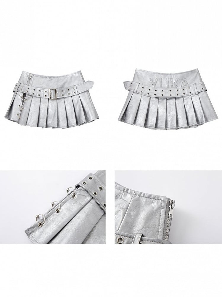 Silver Skirt Mini Pleated Studded PU Metal Rings with Lettering