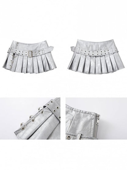 Silver Skirt Mini Pleated Studded PU Metal Rings with Lettering