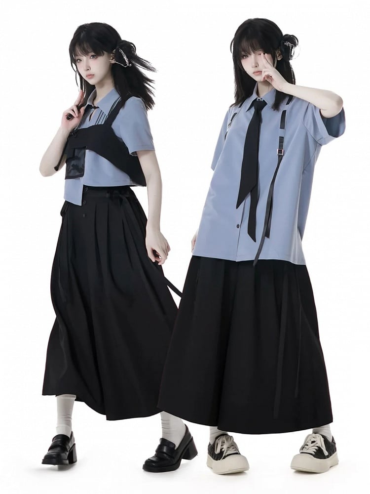 Cropped Shirt Blue Asymmetrical Hem Pleating Details Short Sleeves