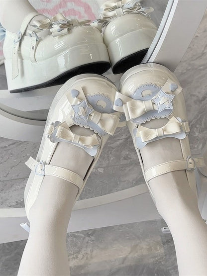 Platform Sweet Heart Blue Decor with Bow Jane Round-Toe Details Shoes White Mary Lolita