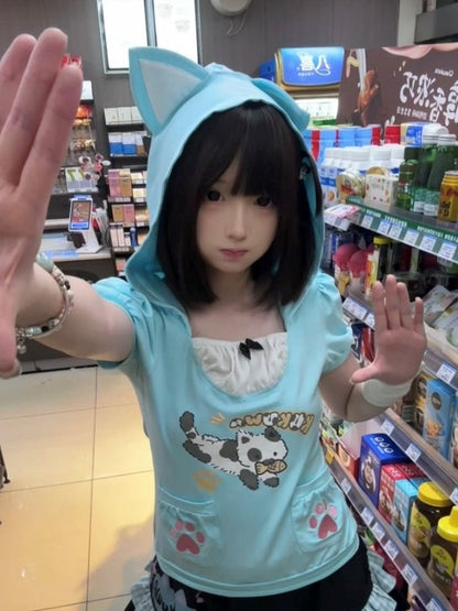 Two-piece with Hoodie Pocket Kawaii Design T-shirt Daily Blue Cat-ear Hood Details