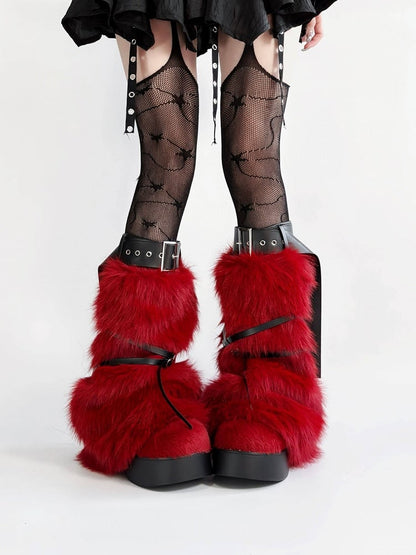 Guêtres en peluche rouges Y2K avec ceinture décorative – Alcatraz Island