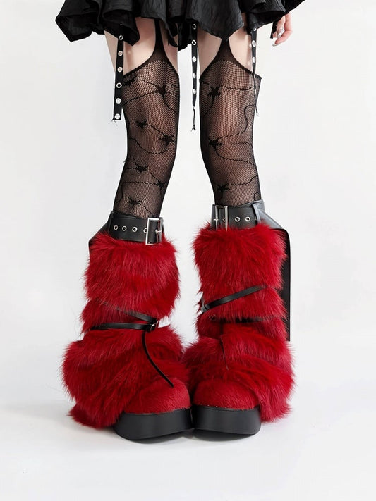 Guêtres en peluche rouges Y2K avec ceinture décorative – Alcatraz Island