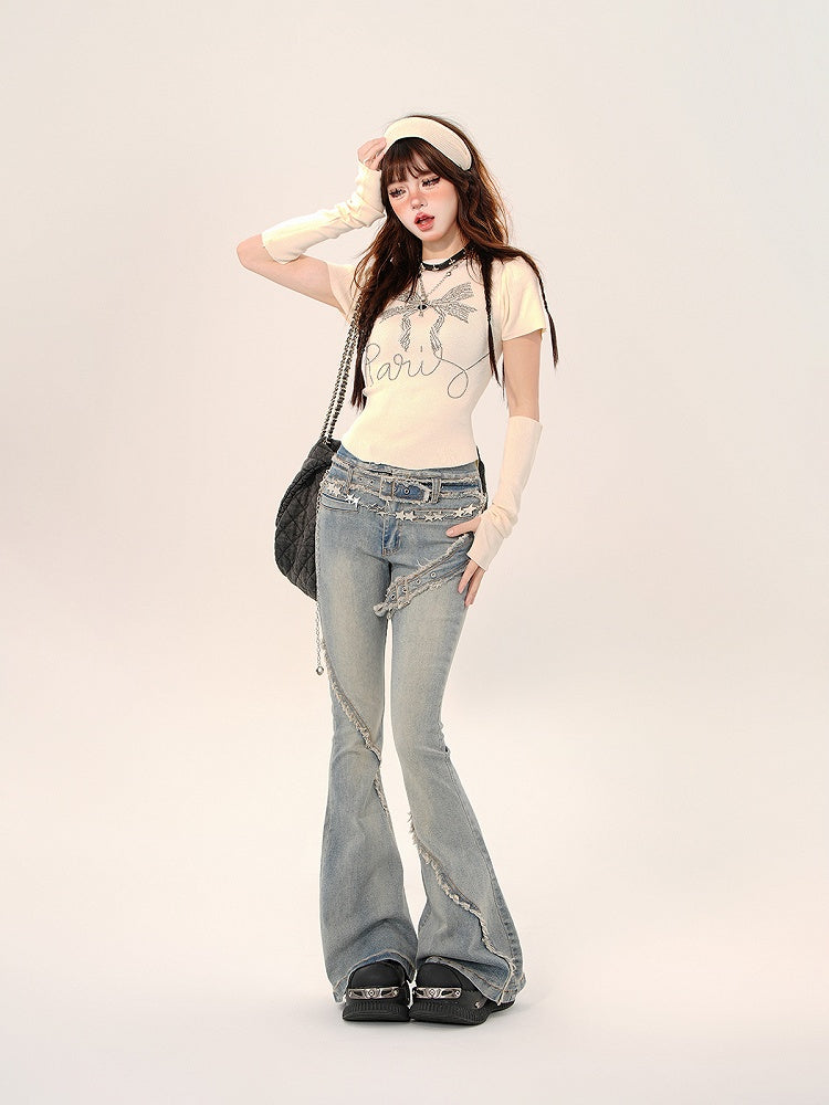 Blue Flare Jeans with Frayed Hem and Built-in Belt