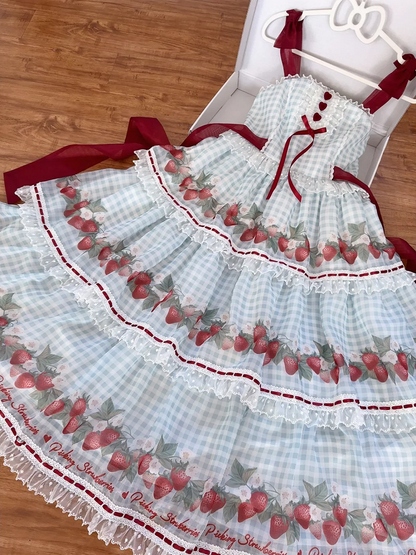 Strawberry Print Blue Lolita Gingham Dress Sweet Summer Lolita Jumper Skirt