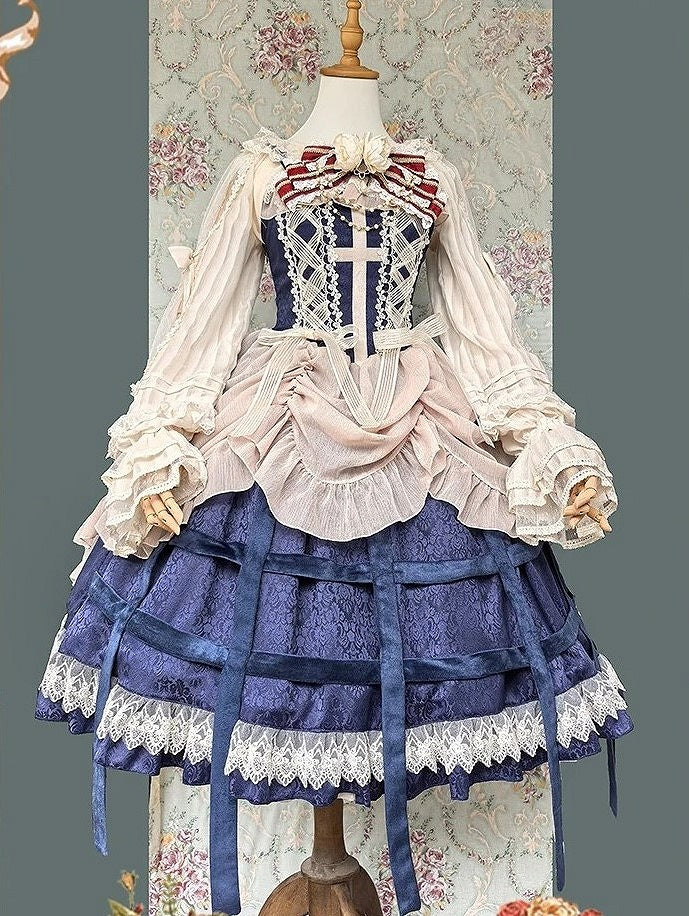 with Trim JSK Blue Lace Dress Apricot Lolita Gothic Cross and Motif