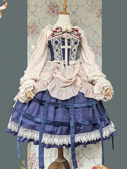 with Trim JSK Blue Lace Dress Apricot Lolita Gothic Cross and Motif
