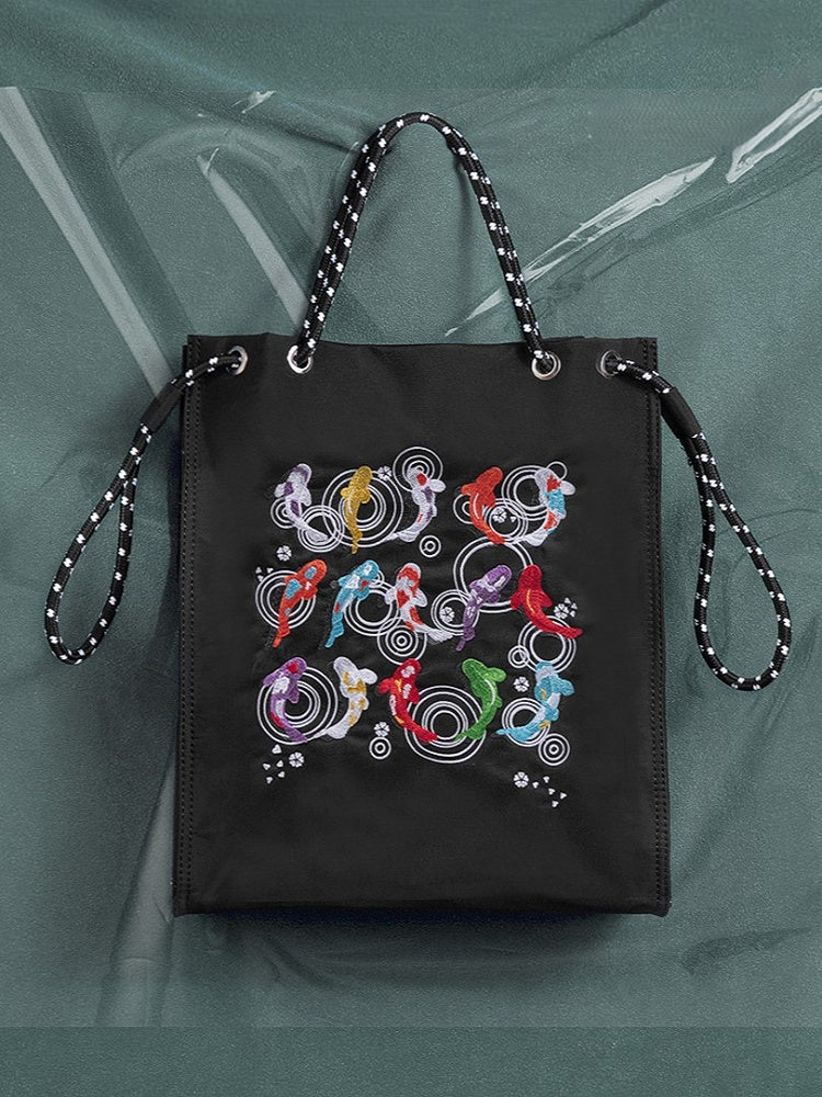 Trendy Koi Black Tote Bag With Zipper Closure And Drawstring Strap Lucky Embroidery