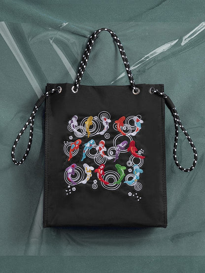 Trendy Koi Black Tote Bag With Zipper Closure And Drawstring Strap Lucky Embroidery